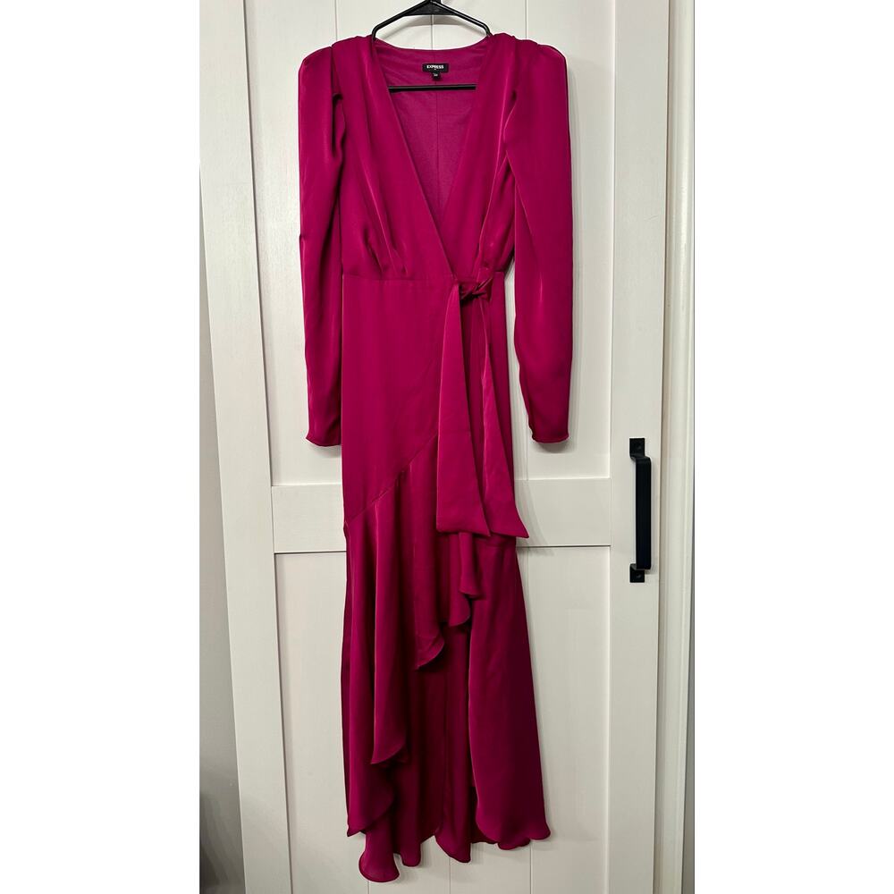 Express Satin Fuchsia pink ruffle long faux wrap split dress sz XXS